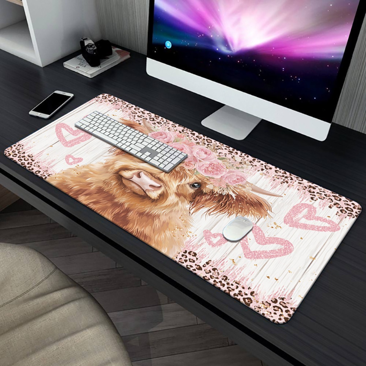 Highland Cow Desk Mat Pink Flo - Cow Mat Rubber のレビューと価格
