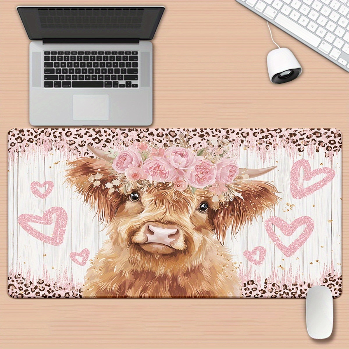 Highland Cow Desk Mat Pink Flo - Cow Mat Rubber のレビューと価格